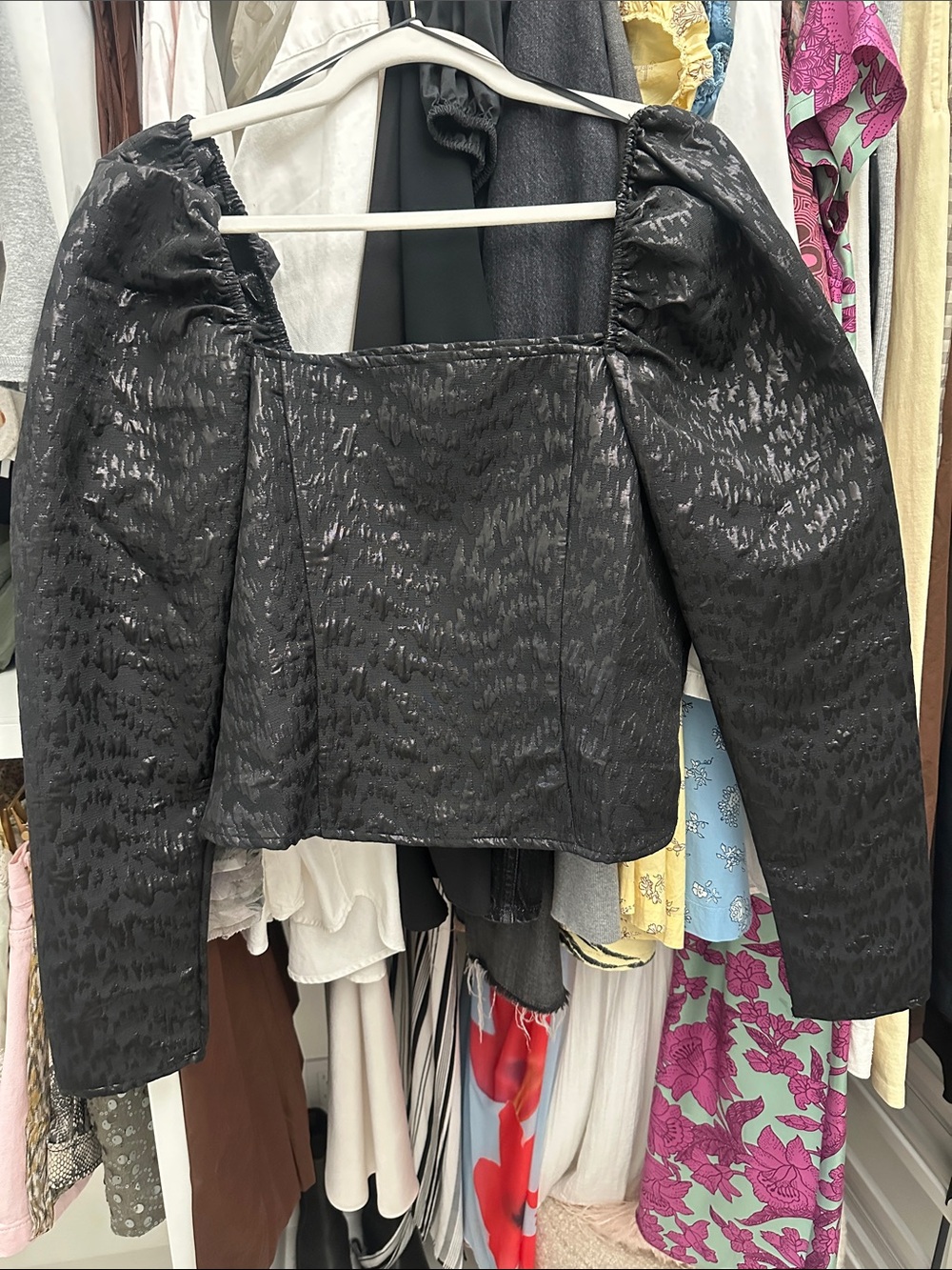 Black Puff-Sleeve Square-Neck Top